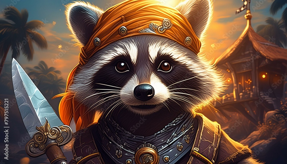 "Give this mischievous raccoon a pirate makeover, complete with a bandana and a golden earring." - obrazy, fototapety, plakaty 