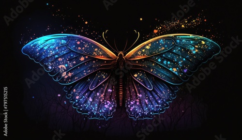 A neon butterfly with intricate, glowing wings, set against a starry sky