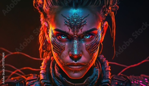 A closeup neon portrait of a fierce warrior with glowing eyes, with a focus on dynamic lighting, intricate details, and contrasting colors, AI Generative
