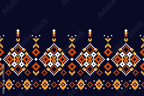 Pixel ethnic pattern, Vector embroidery pattern background, Geometric traditional triangle style, Blue and orange pattern knitting vintage, Design for textile, fabric, batik, kaftan, fibres