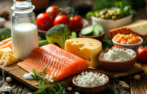 Beautifully Arranged Salmon, Cheese, Cottage Cheese, Milk, and Vegetables on a Wooden Board. Generative AI. © Chirus