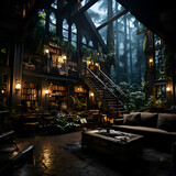 Interior of a cozy restaurant in the fog. 3d rendering