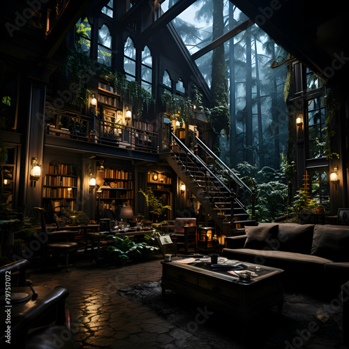 Interior of a cozy restaurant in the fog. 3d rendering photo