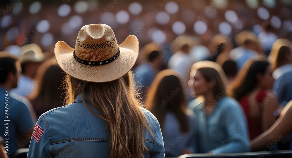 Back view of a young american woman fan of country music attending a country music concert wearing a cowboy hat