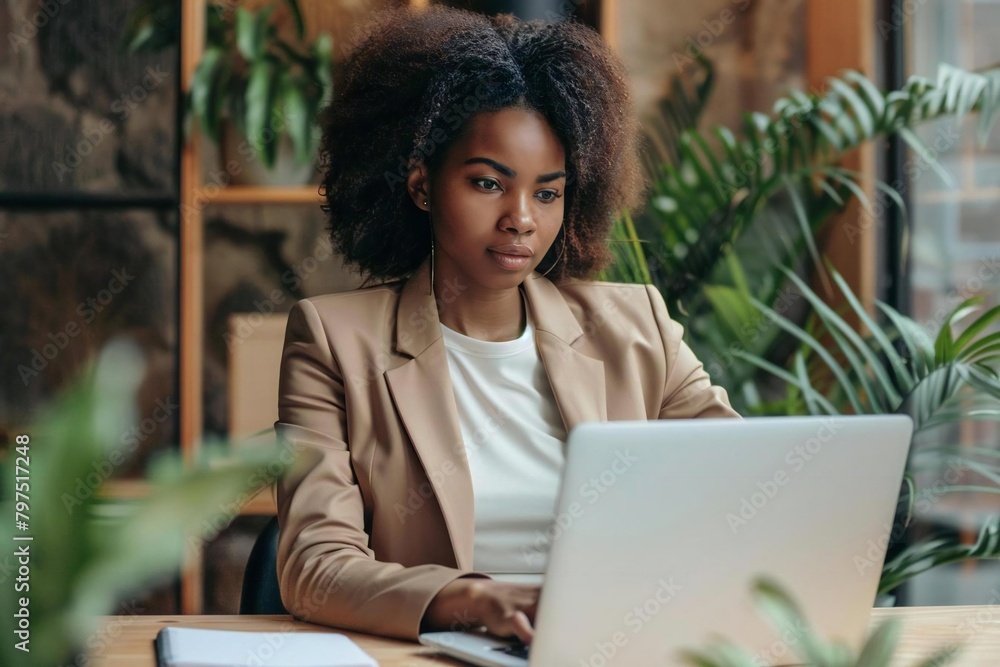 Black woman using laptop to edit resume CV Black woman using laptop to edit resume CV