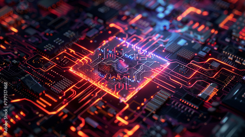 a quantum computing chip, highlighting its qubits and superconducting circuits, and the potential for revolutionary computational power.
