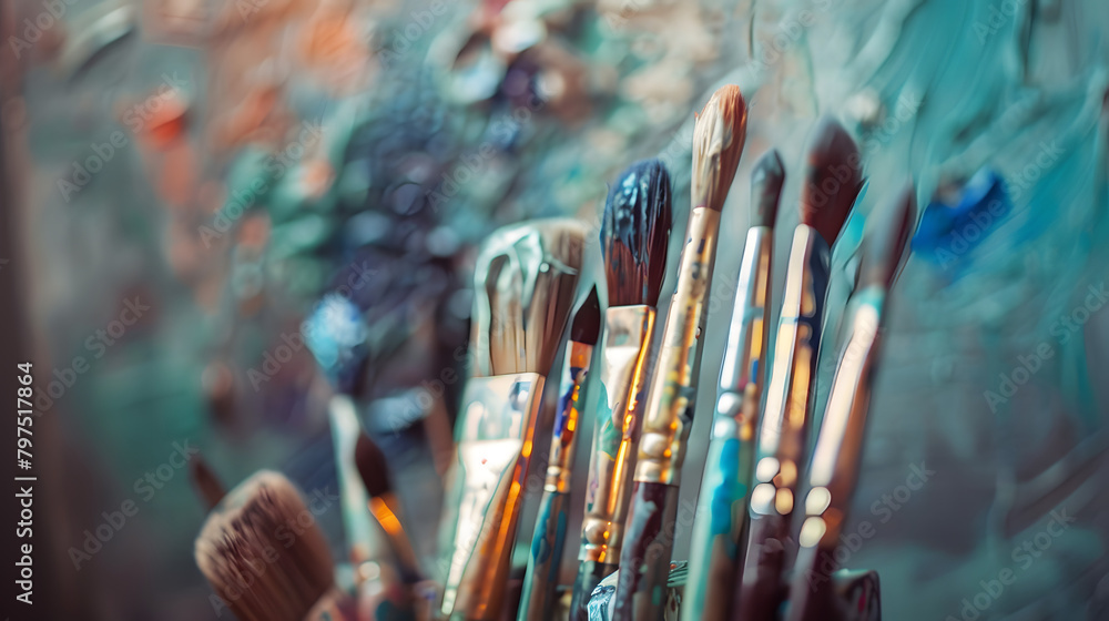 Fototapeta premium A row of paintbrushes on the easel. signifying creativity and artistry. The surroundings are blurred
