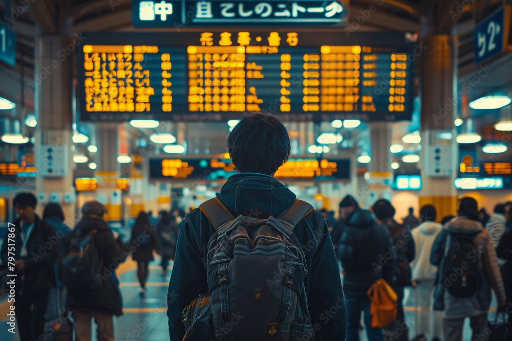 Back view of asian woman walking in train station. Solo traveling. Travel and lifestyle concept for travel agency, posters, and train station services advertisement. 