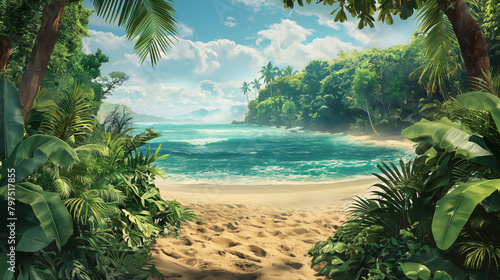 Breathtaking Beach Panorama Between Tropical Palm Trees photo