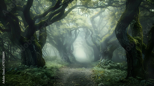 Dark forest pathway, Mist enveloping ancient trees, Eerie and inviting, Area for copy photo