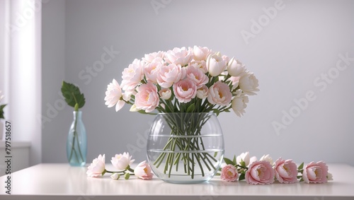 Off white flowers in glass vase sits on a table