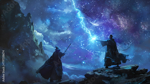 Wizard duel, Spellcasting under a starry sky, Dynamic and vivid, Strategic copy space photo