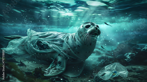 A seal caught in a plastic wrapper underwater. icy ocean background with the glow of the aurora above the water surface © Oleksandr