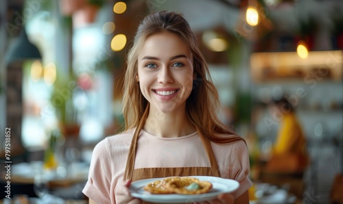 Happy smiling caucasian restaurant waitress holding a tray of food to serve customers  Generative AI