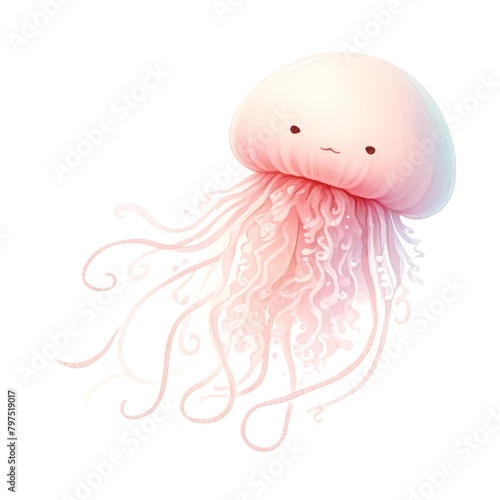 A cute  blush-colored cartoon jellyfish with a sweet expression floating gently  illustrated in soft watercolor hues.