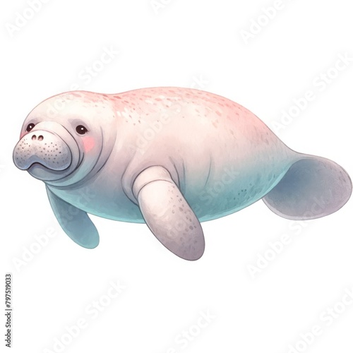 Soft watercolor illustration of a gentle manatee with a subtle smile, gracefully swimming underwater. © NAPATSAWAN