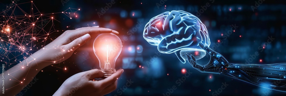 Brain and network connections touching hands on bright, bright, colorful background. Machine learning, artificial intelligence learning. Brain and network connections touching hands on bright, bright, colorful background. Machine learning, artificial intelligence learning.