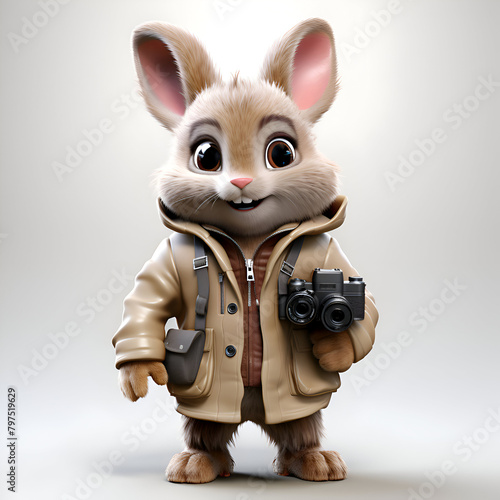 Rabbit with a camera in his hands. 3D illustration.