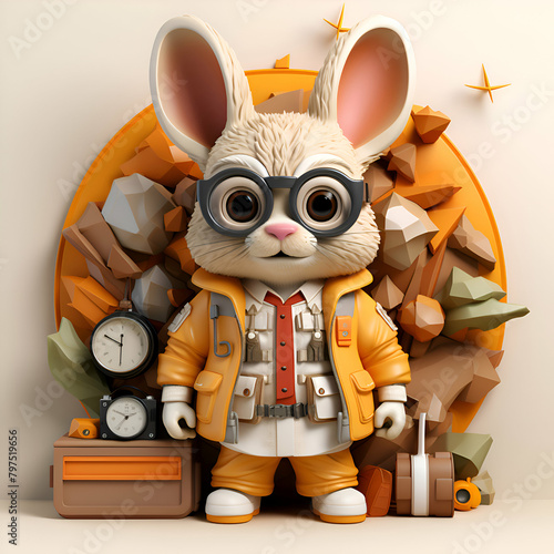 3d illustration of a cute cartoon rabbit with suitcases and glasses