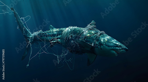 A shark entangled in a fishing line underwater. deep blue ocean background with the faint light from the surface