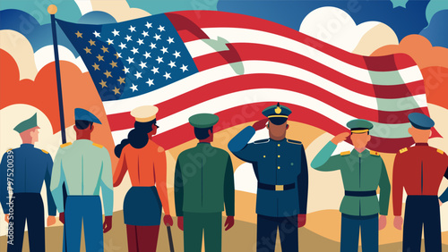 A powerful rendering of a group of veterans standing tall and saluting the American flag surrounded by a sea of grateful community members.. Vector illustration