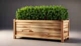 A wooden planter in a rectangle shape filled with green bushes