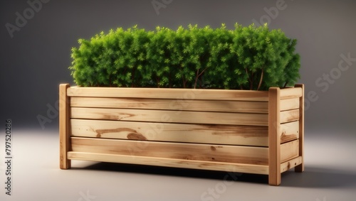 A wooden planter in a rectangle shape filled with green bushes