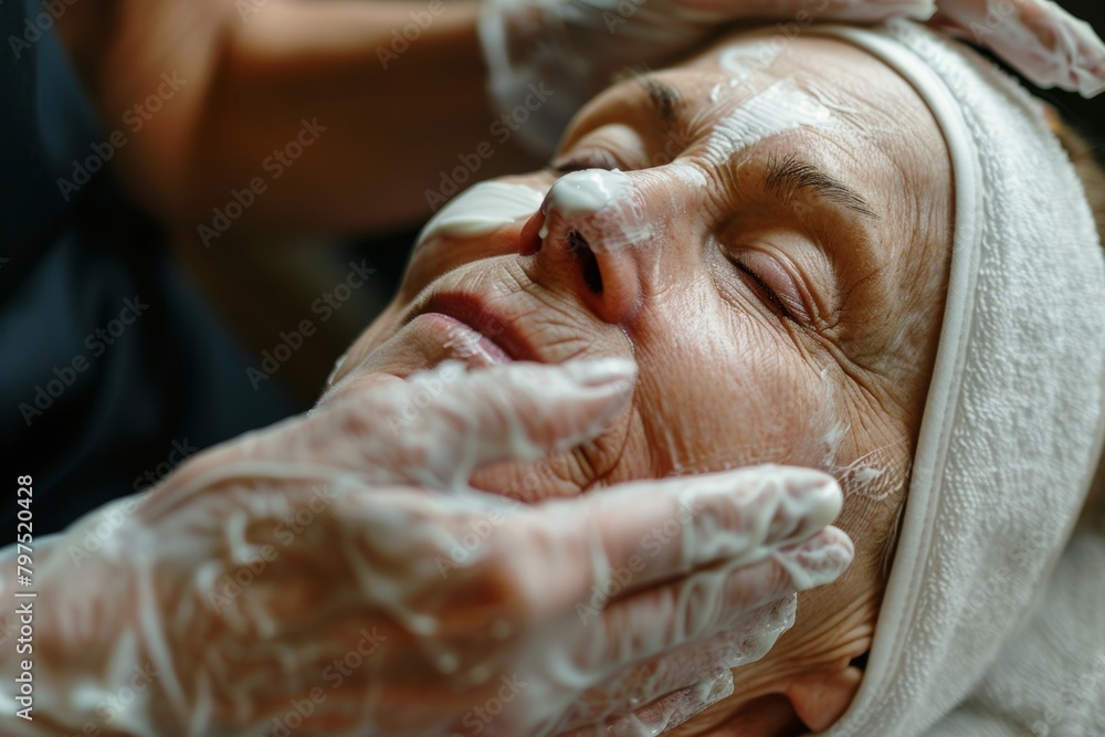 Beautician applying anti-aging cream in spa salon, skincare and beauty treatment concept Beautician applying anti-aging cream in spa salon, skincare and beauty treatment concept