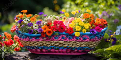 a basket full of colorful flowers on a rock in the garden beautiful summer flowers  generative AI