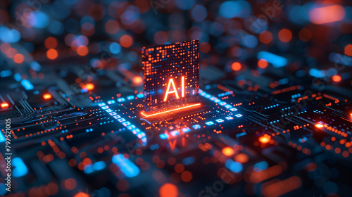 closeup of a structure like a chip with the word "AI" glowing in neon red on it, protruding from the complex background with bokeh