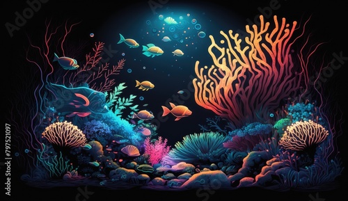 a portrait abstract underwater world with glowing corals and sea creatures, a neon inspired design of a colorful, set against a dark, abstract background