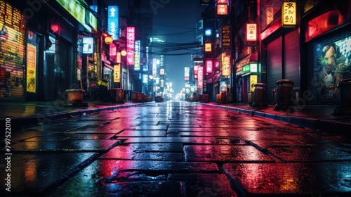 A neon-lit city street at night  with a moody  cinematic vibe and vibrant colors that pop against the dark background