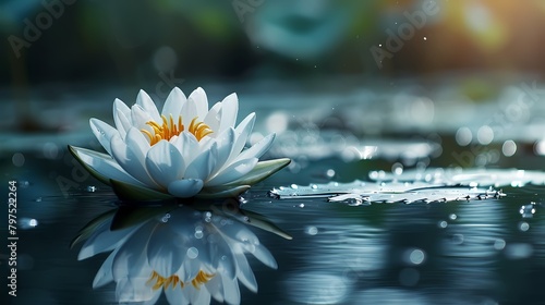 A serene water lily floating on a calm pond, its delicate petals reflected in the still water