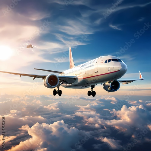 Airplane flying about the clouds with beautiful sunlight, Ai Generated