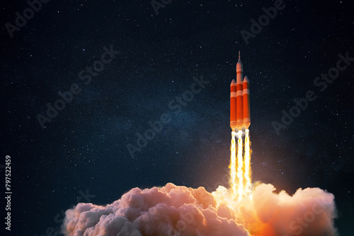 New Ship flies to another planet. Spaceship takes off into the starry sky. Rocket starts into space. Concept. Launch start creative
