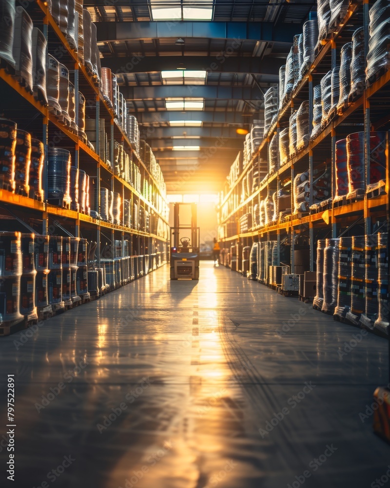 Vertical retail warehouse - goods, pallets, forklifts - logistics and transportation background
