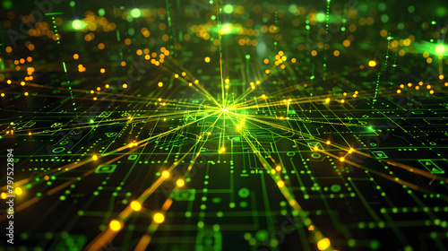 A star-shaped grid of code glows green in the center with yellow arrows pointing out from it to various points on an illuminated 