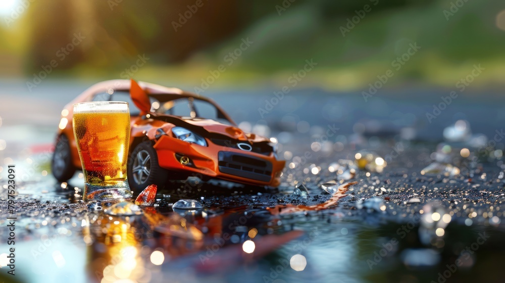 Close up of car model and glass of beer crashing together on the road. Car accident and insurance concept.
