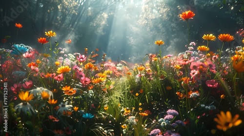 A sunlit meadow filled with colorful wildflowers, creating a picturesque scene of natural abundance