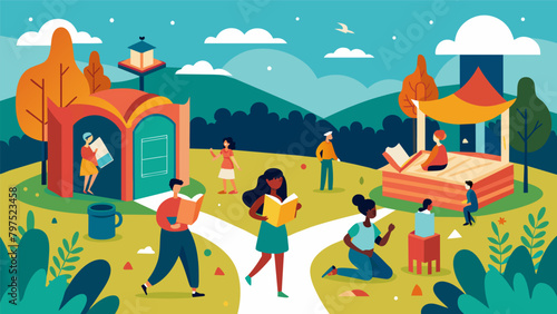 An outdoor park transformed into a literary wonderland with art installations interactive displays and live performances all celebrating African. Vector illustration