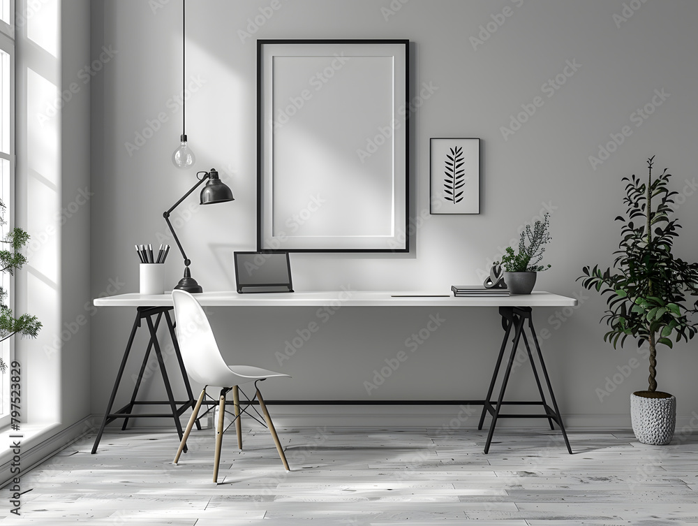 Sleek Professionalism: White Frame Mockup Enhances Organized Office Space
