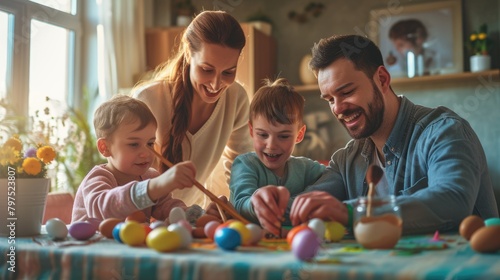 Photography of lovely happy family spending time together while painting easter egg. Happy family gathering together and decorating easter egg with colorful watercolors at table. Easter day. AIG42.