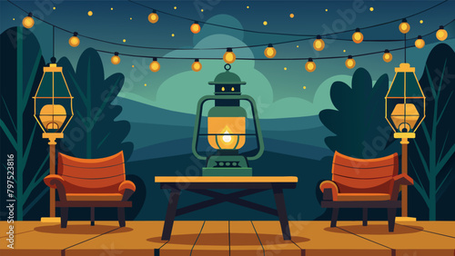 Nostalgic Atmosphere The nostalgic atmosphere of the event is enhanced by vintage lanterns and string lights hanging above the seating area.. Vector illustration
