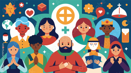 A montage of religious symbols representing different faiths surrounded by people of various backgrounds coming together in prayer.. Vector illustration