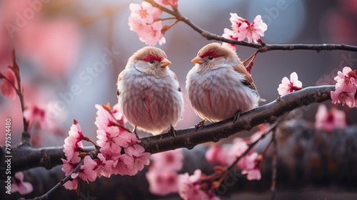 a portrait two super cute fluffy snowbirds standing on a branch full of flowers and smiling happily, a pink flowers blooming tree photo