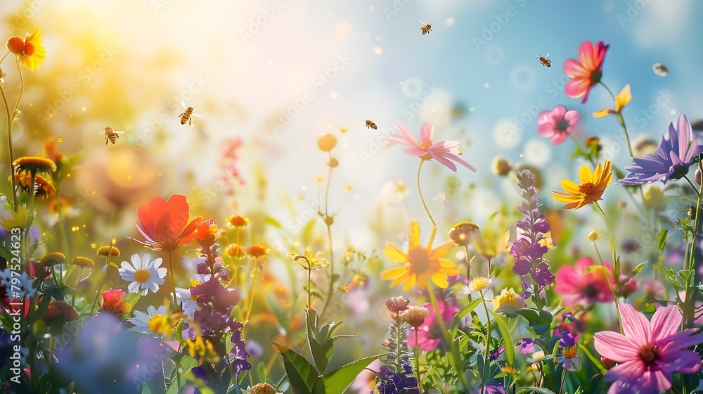 Lush and Blooming Floral Garden Scene with Buzzing Bees Under Bright Sunny Sky