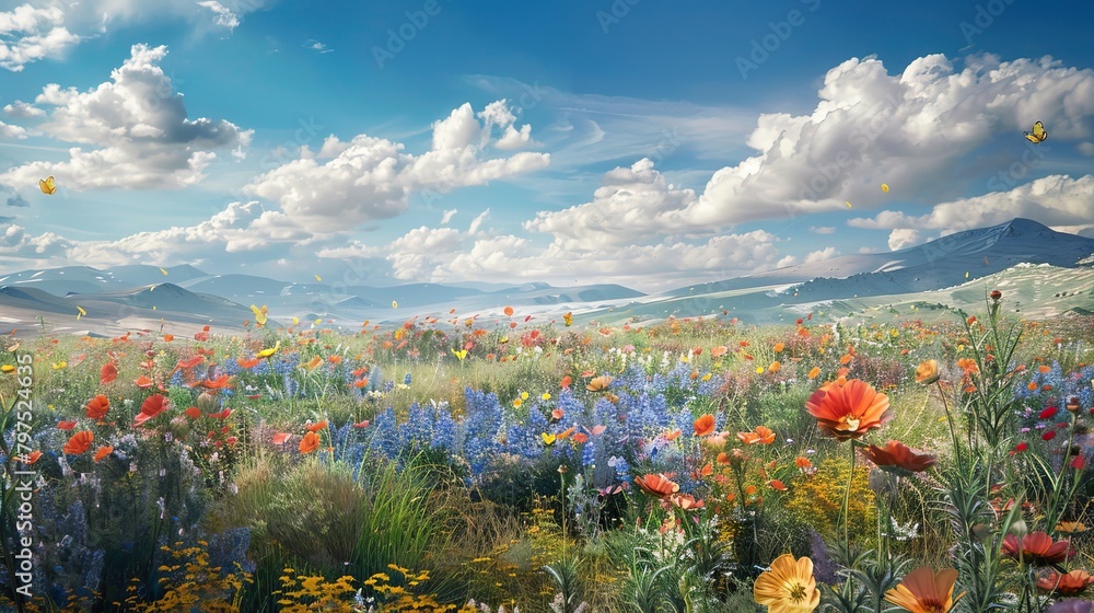 A whimsical scene of butterflies fluttering over a colorful wildflower meadow against a backdrop of a serene sky