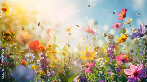 Lush and Blooming Floral Garden Scene with Buzzing Bees Under Bright Sunny Sky © pkproject