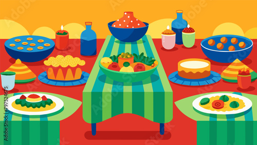 Tables adorned with colorful tablecloths and an array of dishes representing the diverse backgrounds of the community.. Vector illustration