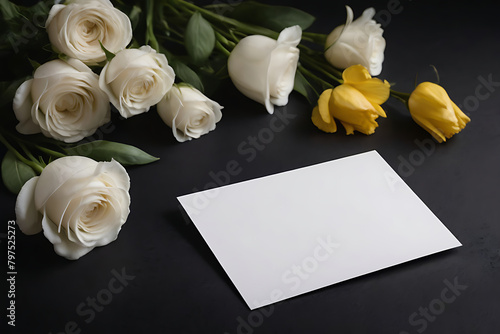 White blank condolence card with fresh flowers on the dark background. Empty place for a text photo